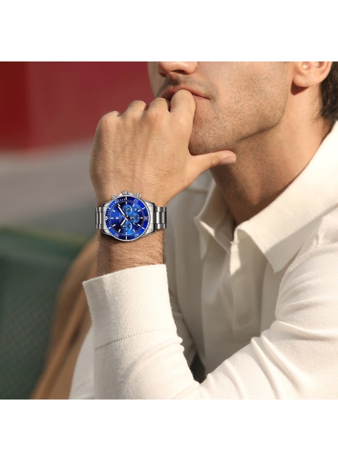 سافيرو ساعة سابفيرو كرونوغراف رجالية من الفولاذ المقاوم للصدأ، مقاومة للماء حتى عمق 50 مترًا، ساعة كوارتز تناظرية مع عرض التاريخ، ساعة كلاسيكية فاخرة وأنيقة، هدية مثالية للرجال. - Image 3